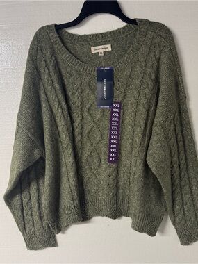 Lucky Brand Sweater XXL Olive Green Cable Knit Crewneck Wool Blend Ribbed Trim